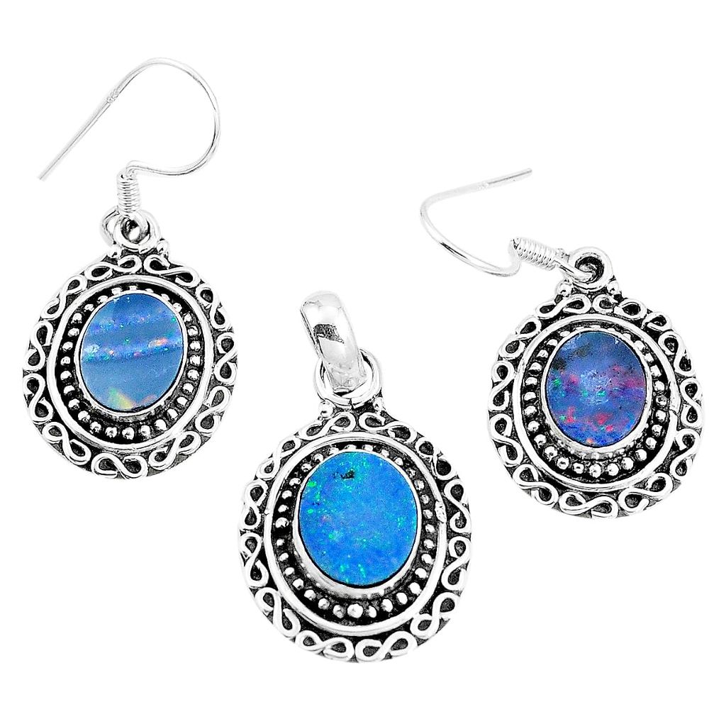 Natural blue doublet opal australian 925 silver pendant earrings set m78604