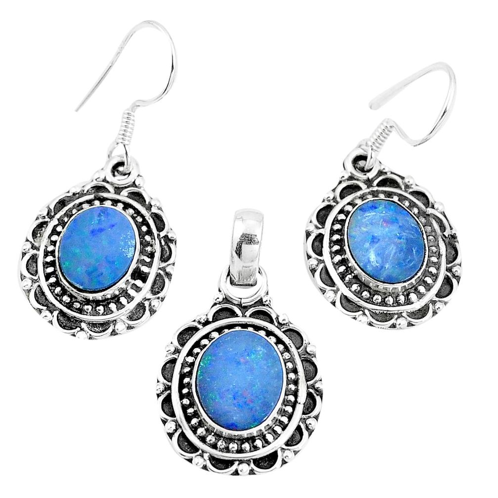 Natural blue doublet opal australian 925 silver pendant earrings set m78606