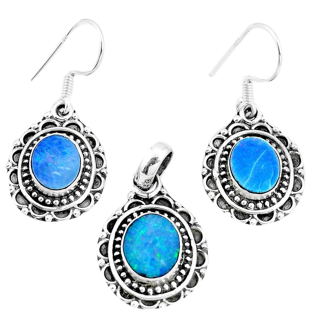 Natural blue doublet opal australian 925 silver pendant earrings set m78607