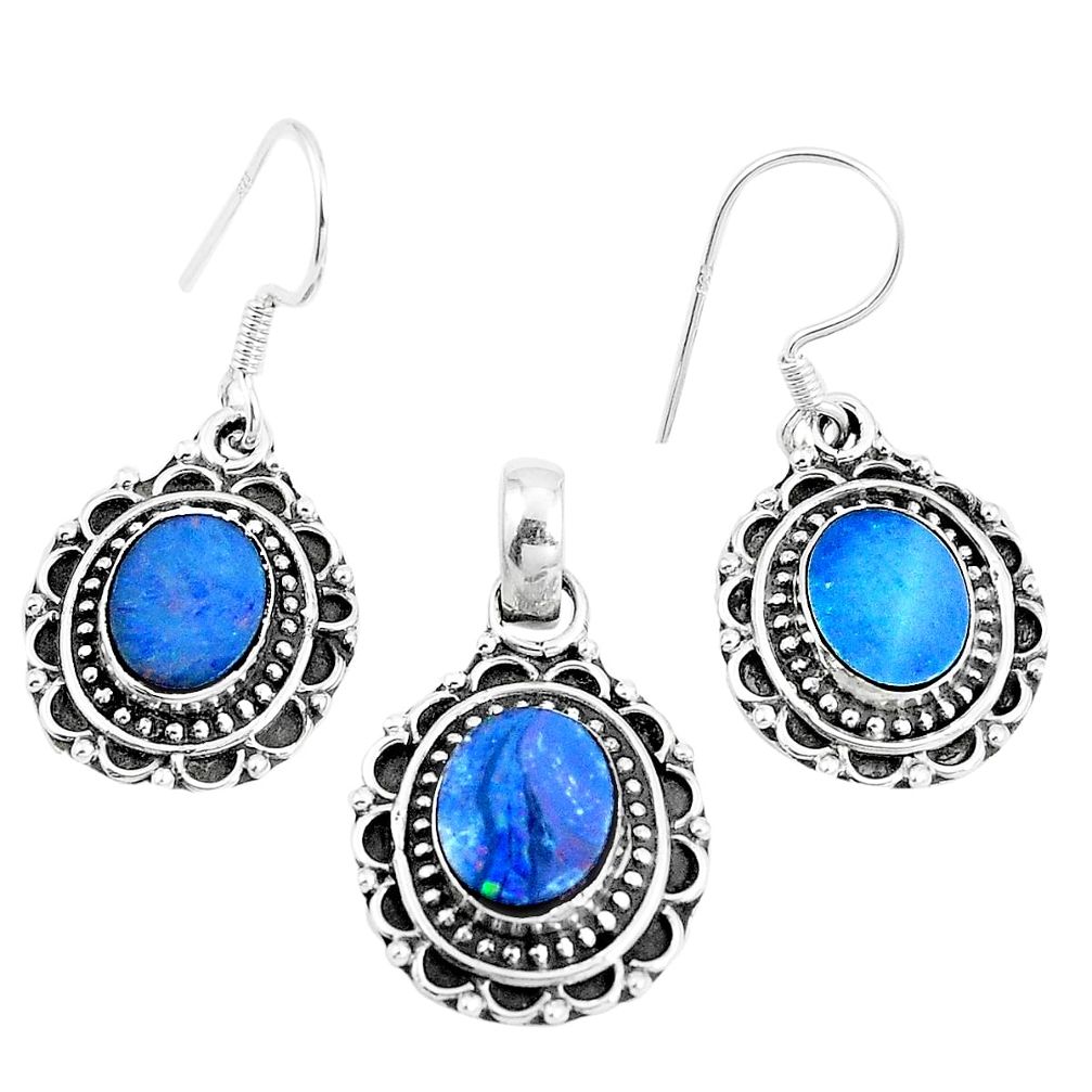 Natural blue doublet opal australian 925 silver pendant earrings set m78609