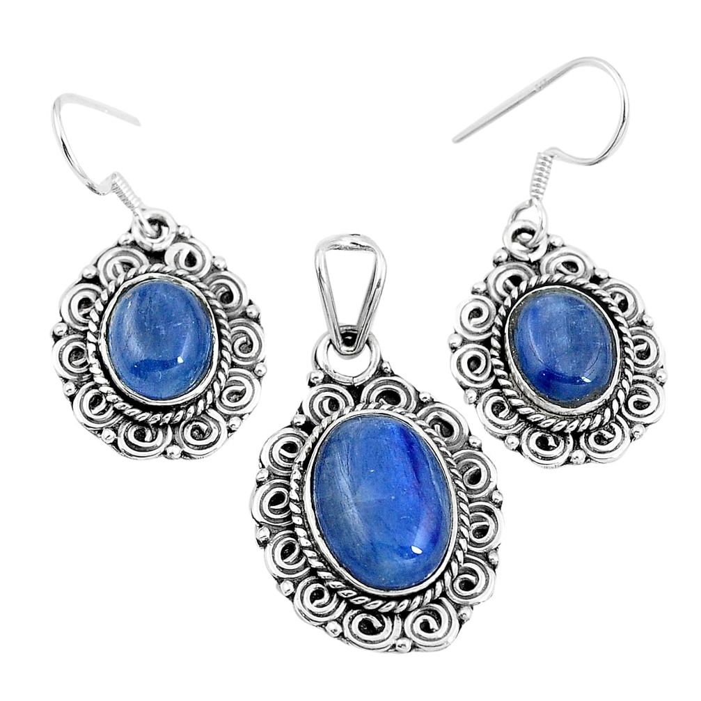 925 sterling silver natural blue kyanite oval pendant earrings set m78611