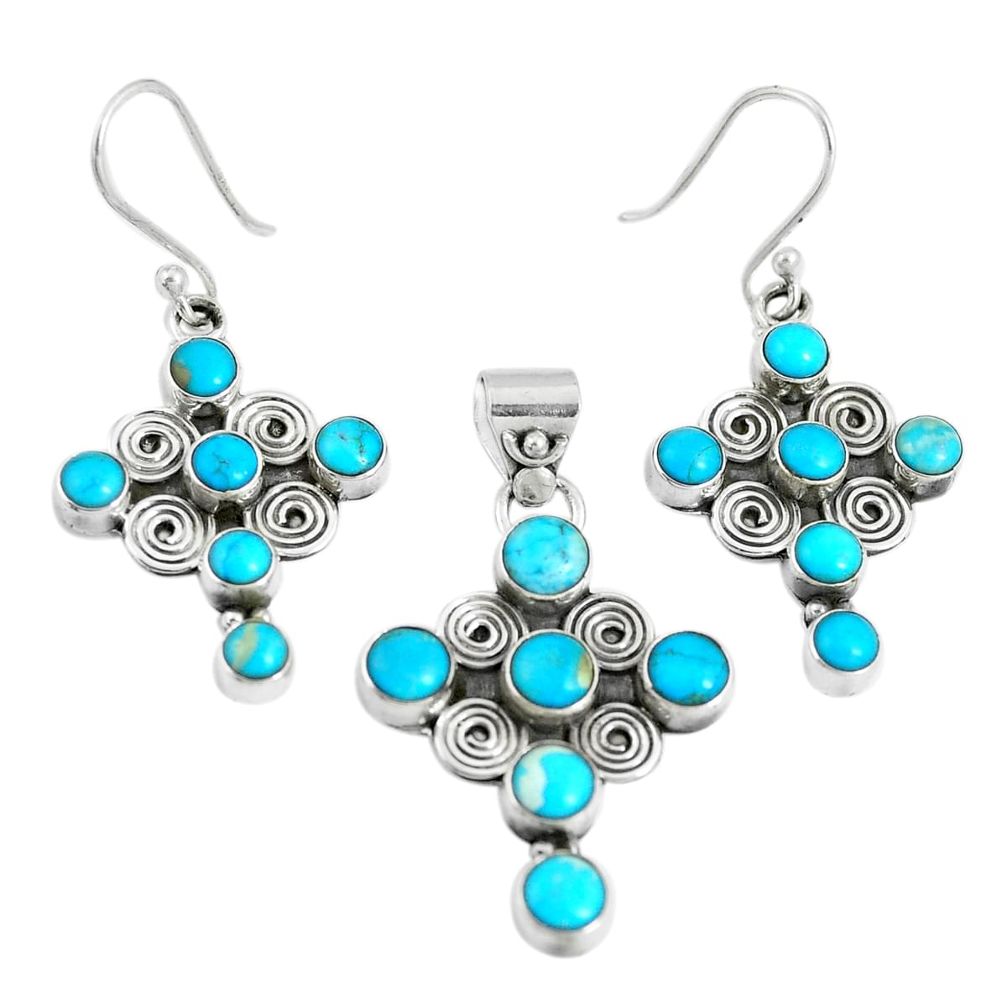 12.96cts sleeping beauty turquoise 925 silver cross pendant earrings set m91712