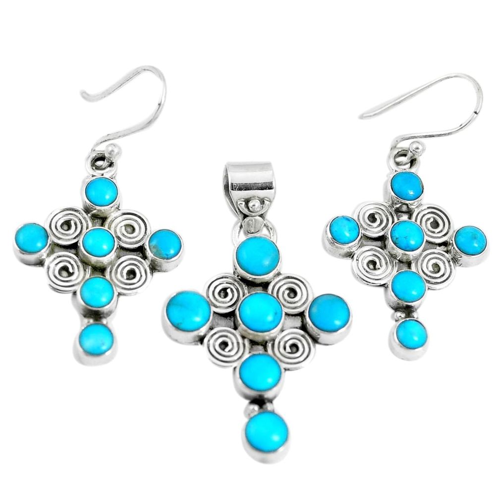 15.50cts sleeping beauty turquoise 925 silver cross pendant earrings set m91714