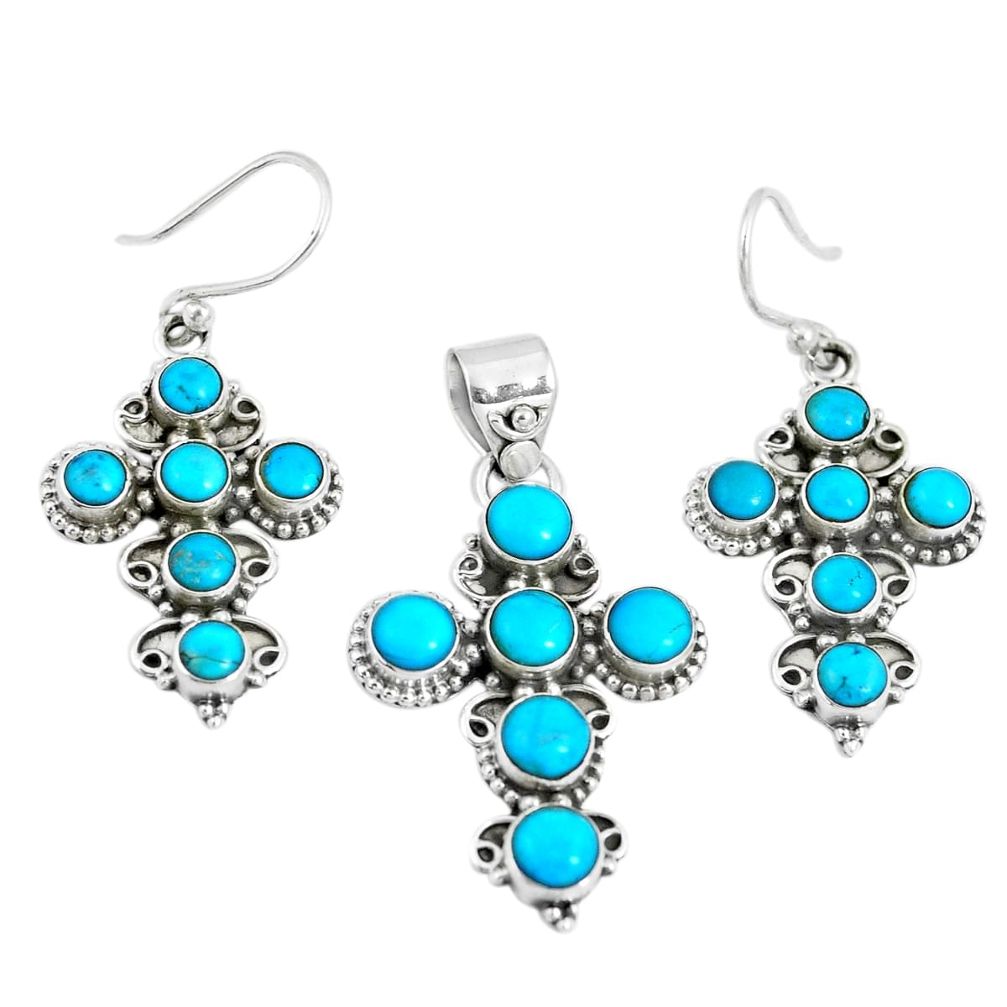 14.67cts sleeping beauty turquoise 925 silver cross pendant earrings set m91717