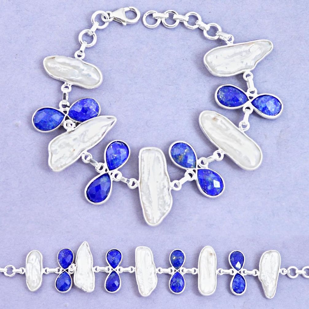 52.33cts natural blue lapis lazuli biwa pearl 925 silver tennis bracelet p11966