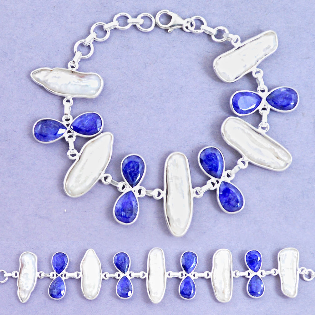 49.53cts natural blue sapphire biwa pearl 925 silver tennis bracelet p11969