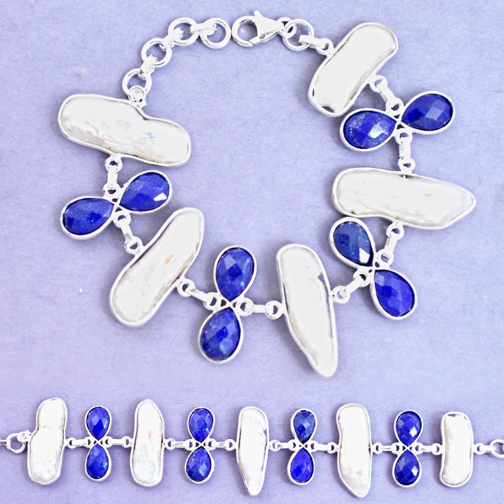 52.84cts natural blue sapphire biwa pearl 925 silver tennis bracelet p11970