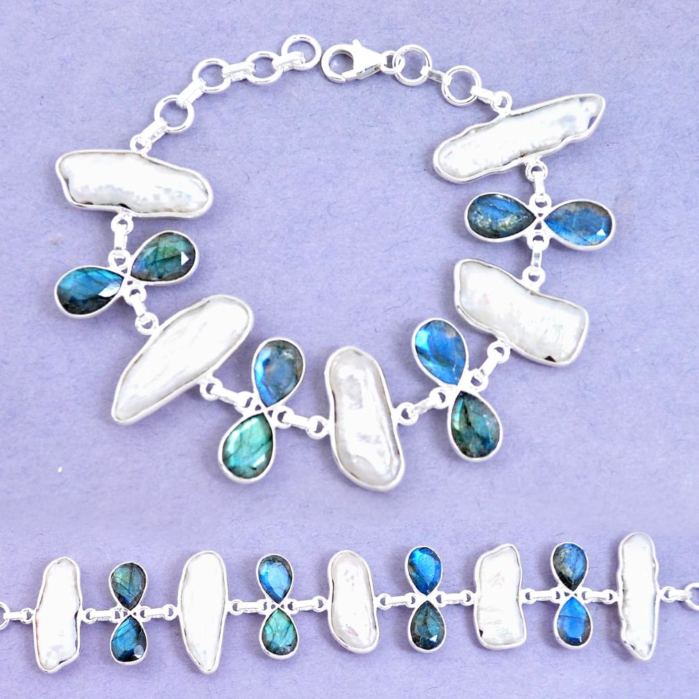 48.33cts natural blue labradorite biwa pearl 925 silver tennis bracelet p11977