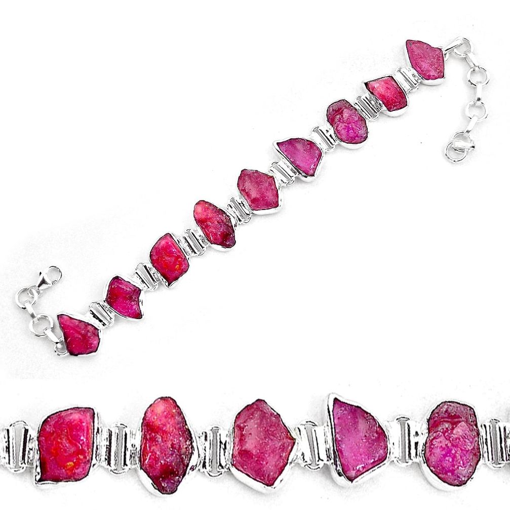 55.25cts natural pink ruby rough 925 sterling silver tennis bracelet p19547