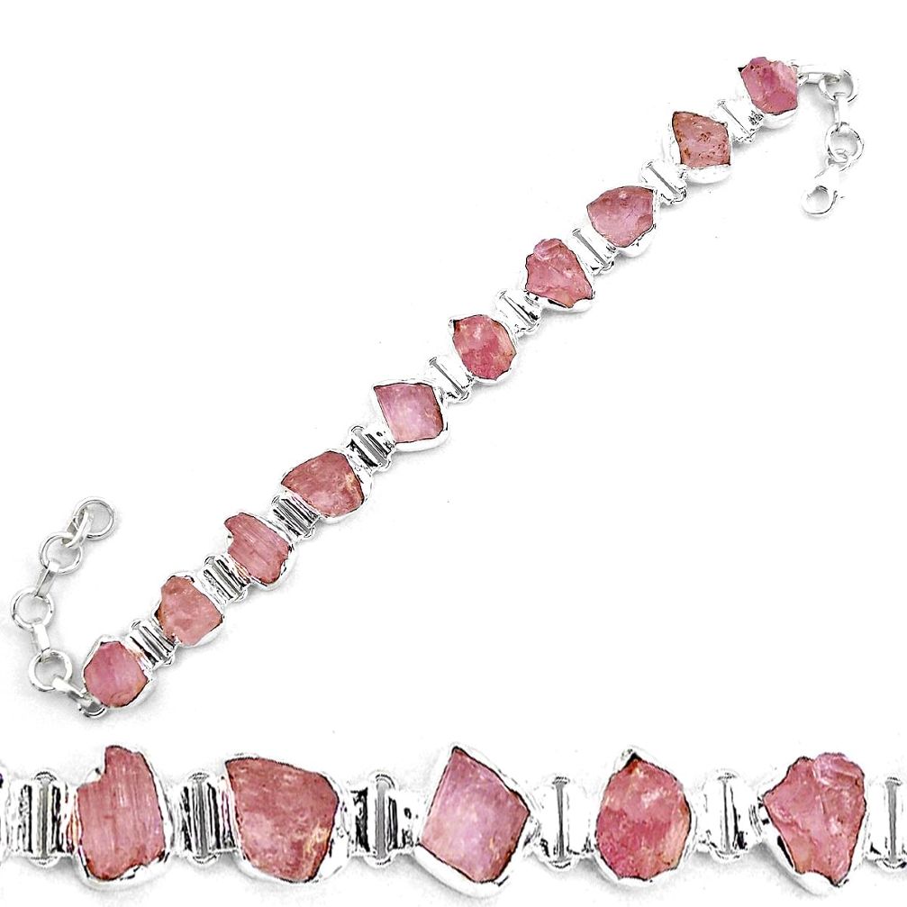 42.83cts natural pink kunzite rough 925 sterling silver tennis bracelet p19550