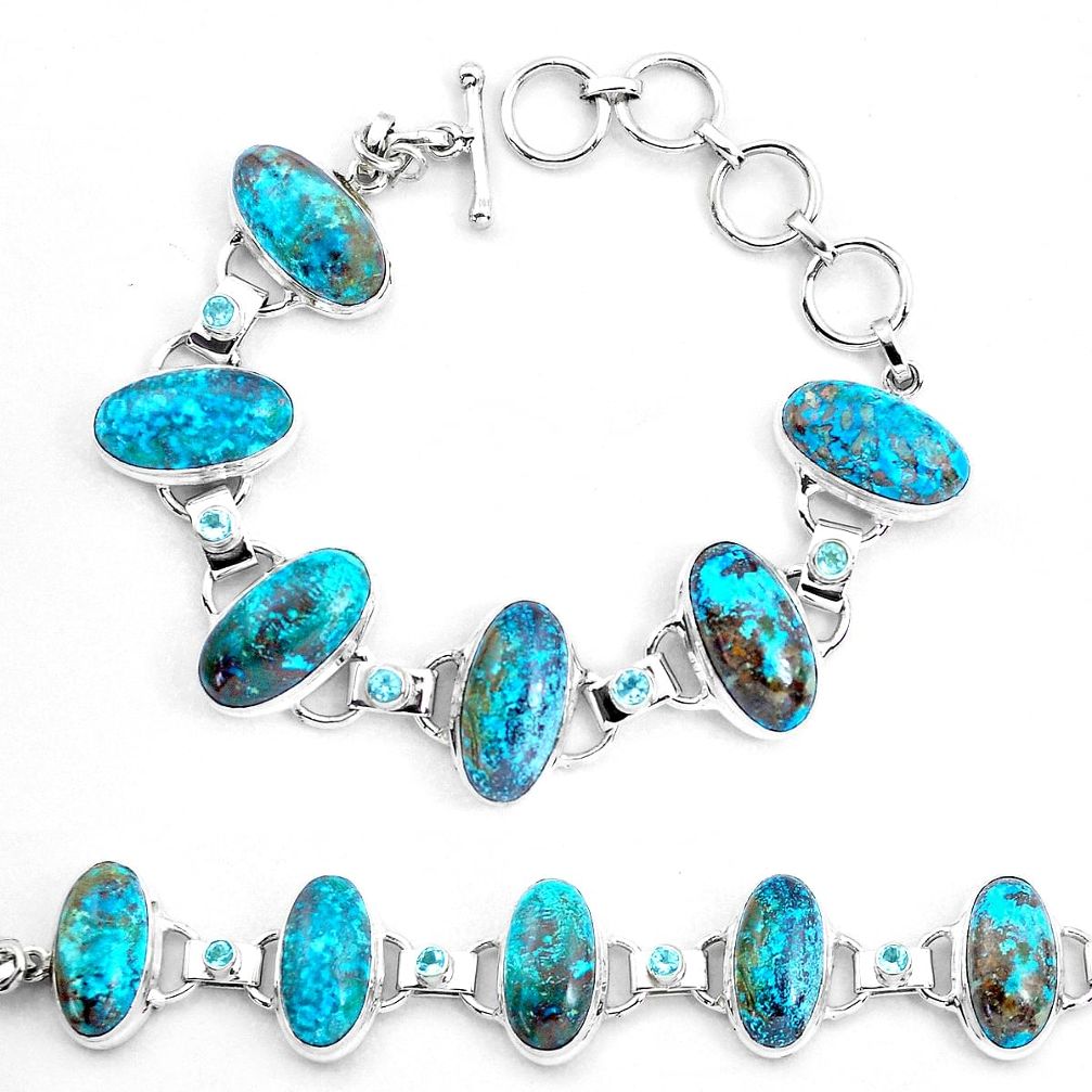 63.47cts natural green chrysocolla topaz 925 silver tennis bracelet p23483