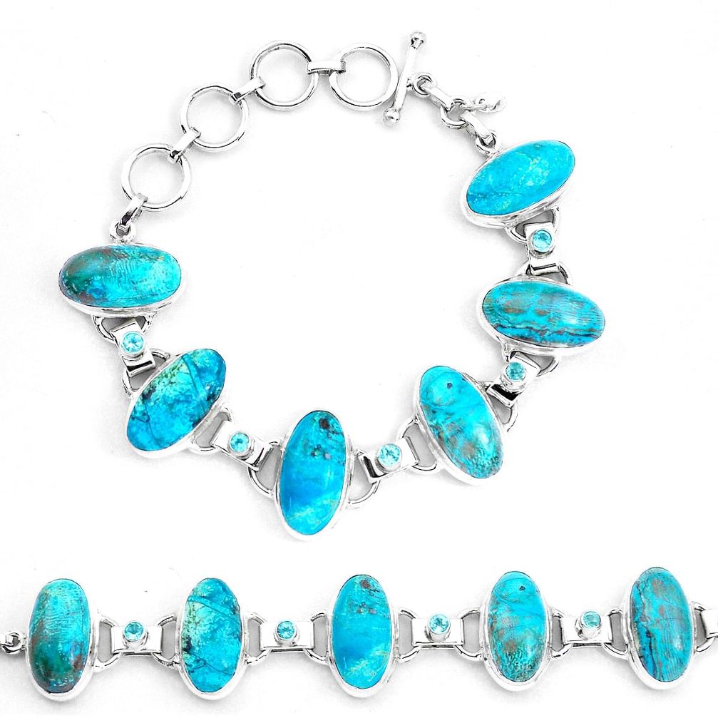 63.41cts natural green chrysocolla topaz 925 silver tennis bracelet p23486