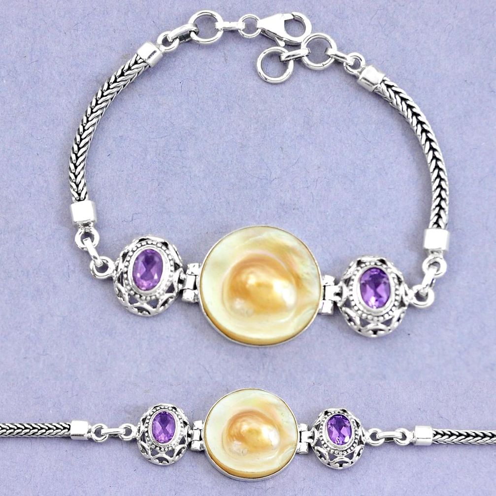 22.34cts natural white pearl amethyst 925 sterling silver bracelet jewelry p6016