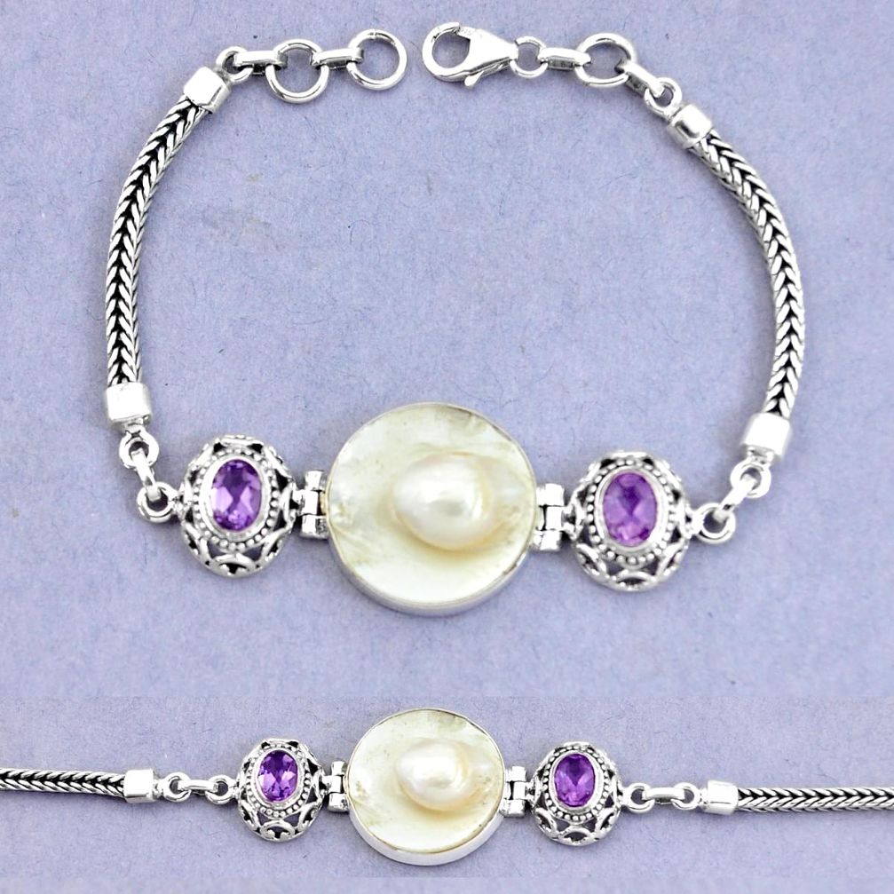 925 sterling silver 21.39cts natural white pearl amethyst bracelet jewelry p6020