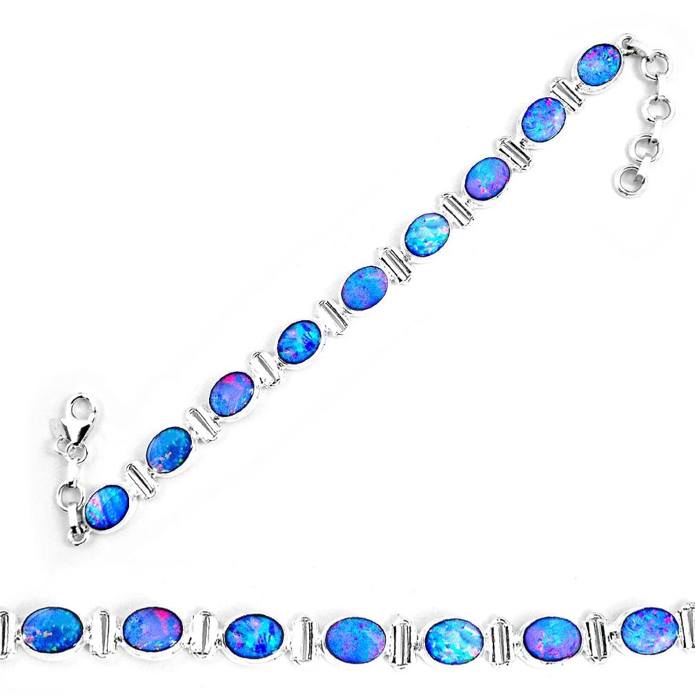 23.85cts natural blue doublet opal australian 925 silver tennis bracelet p9006