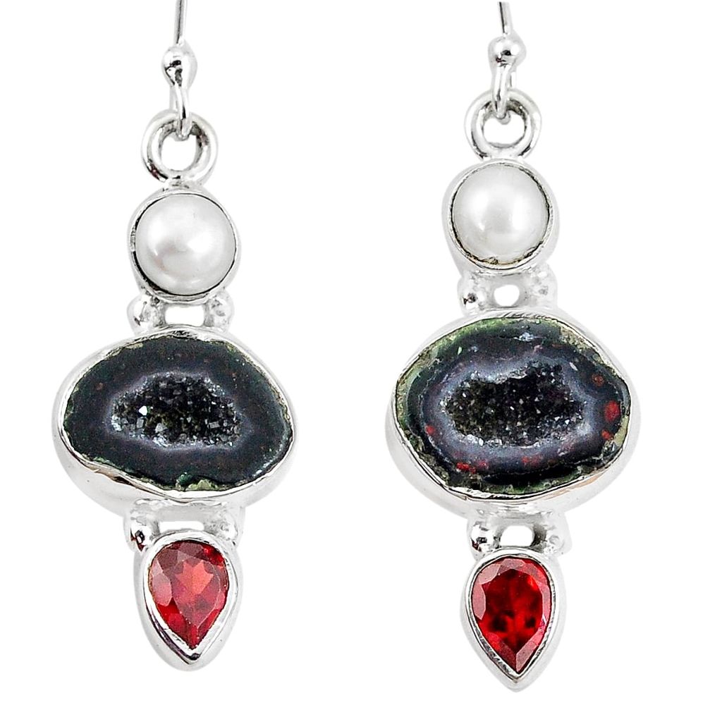 14.12cts natural brown geode druzy garnet pearl 925 silver earrings p11366