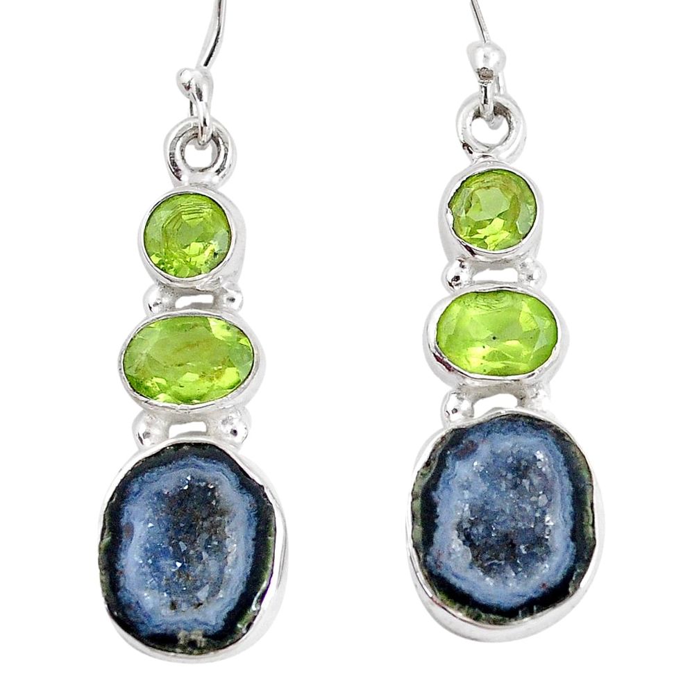 925 silver 14.39cts natural brown geode druzy green peridot earrings p11372