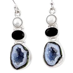 16.44cts natural brown geode druzy onyx pearl 925 silver earrings p11373