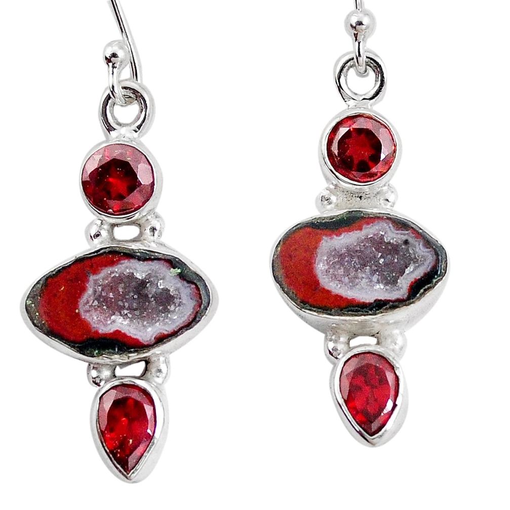 925 silver 12.83cts natural brown geode druzy red garnet dangle earrings p11378