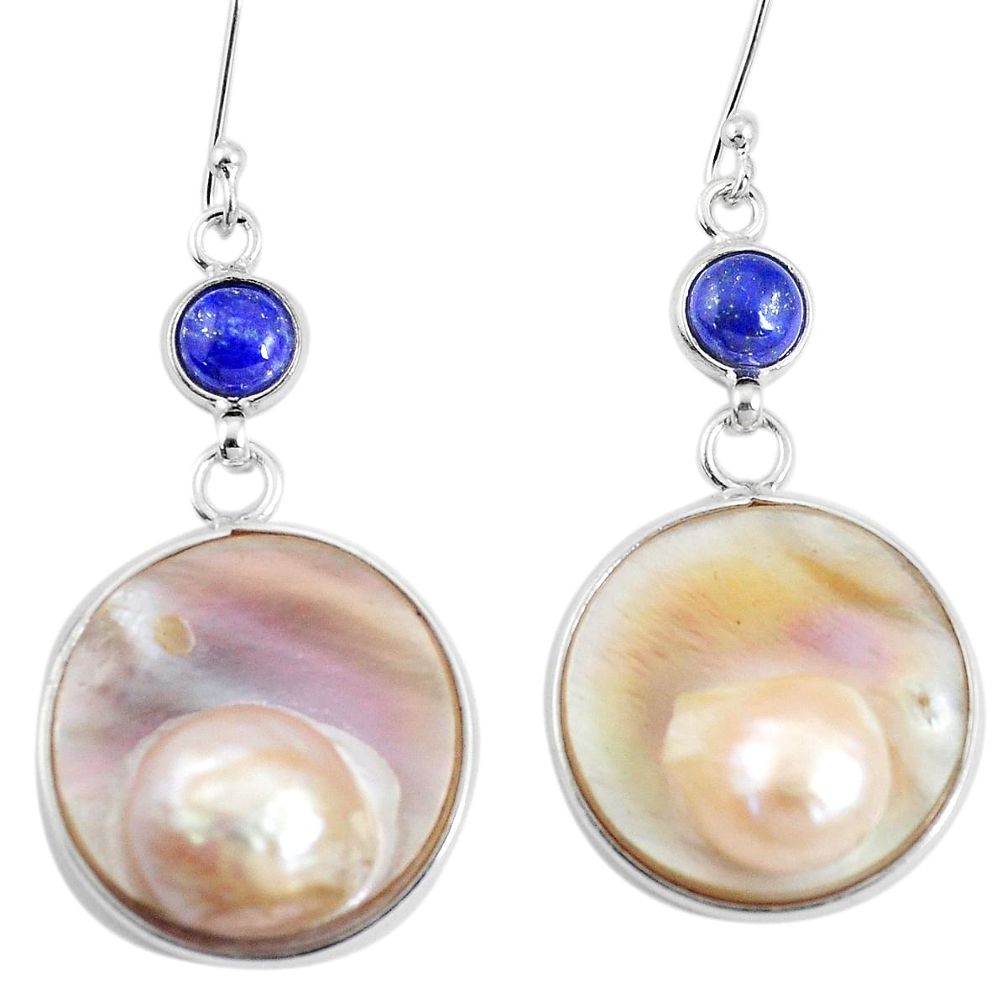 35.91cts natural white pearl lapis lazuli 925 sterling silver earrings p11421
