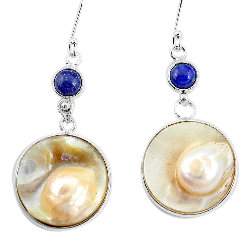 37.41cts natural white pearl lapis lazuli 925 sterling silver earrings p11434