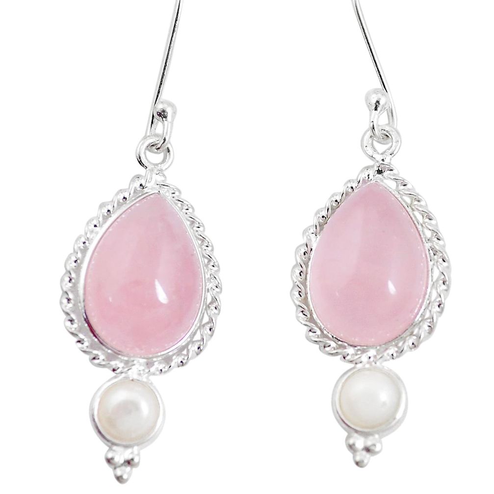 925 silver 13.10cts natural pink rose quartz white pearl dangle earrings p11883