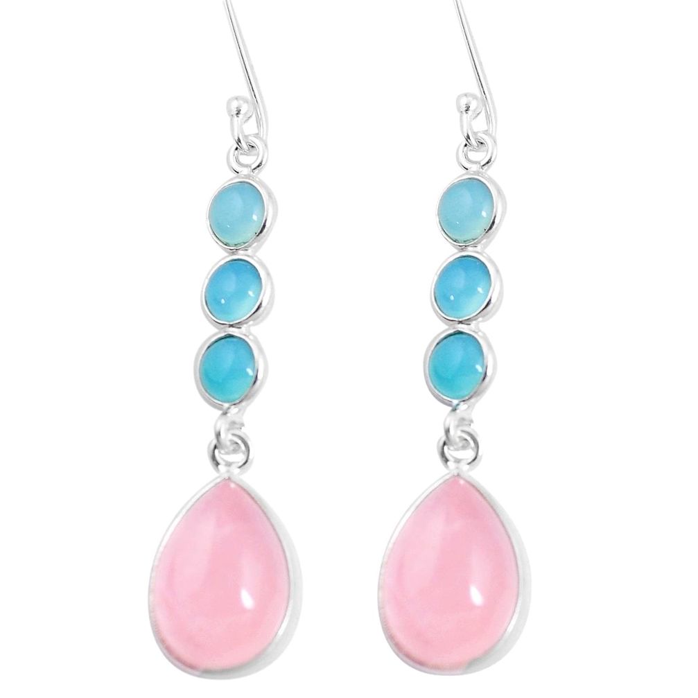 15.90cts natural pink rose quartz chalcedony 925 silver dangle earrings p11926