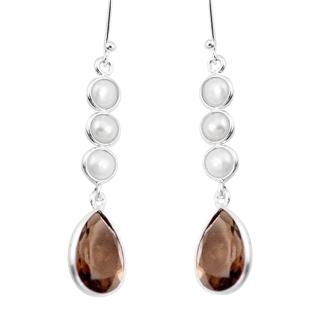 15.34cts brown smoky topaz pearl 925 sterling silver dangle earrings p11929