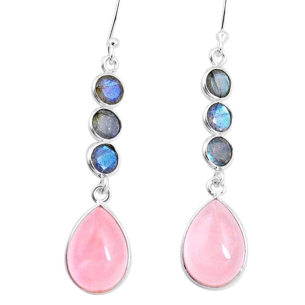 925 silver 16.49cts natural pink rose quartz labradorite dangle earrings p11931