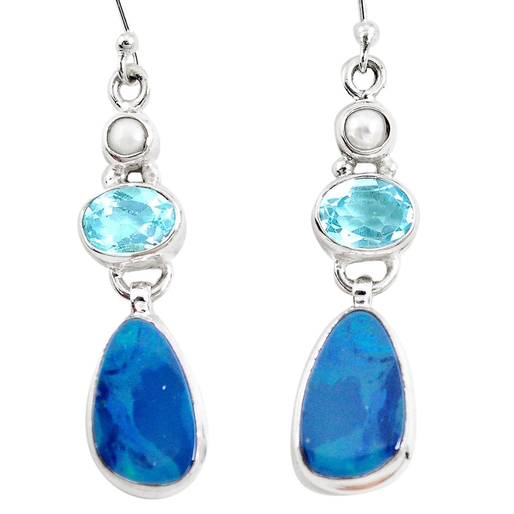 13.07cts natural blue doublet opal australian topaz 925 silver earrings p12715