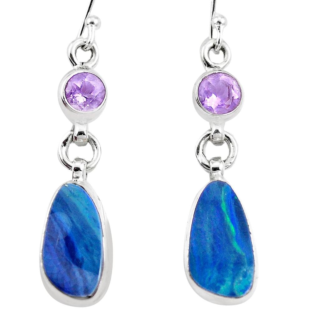 Natural blue doublet opal australian amethyst 925 silver dangle earrings p12726