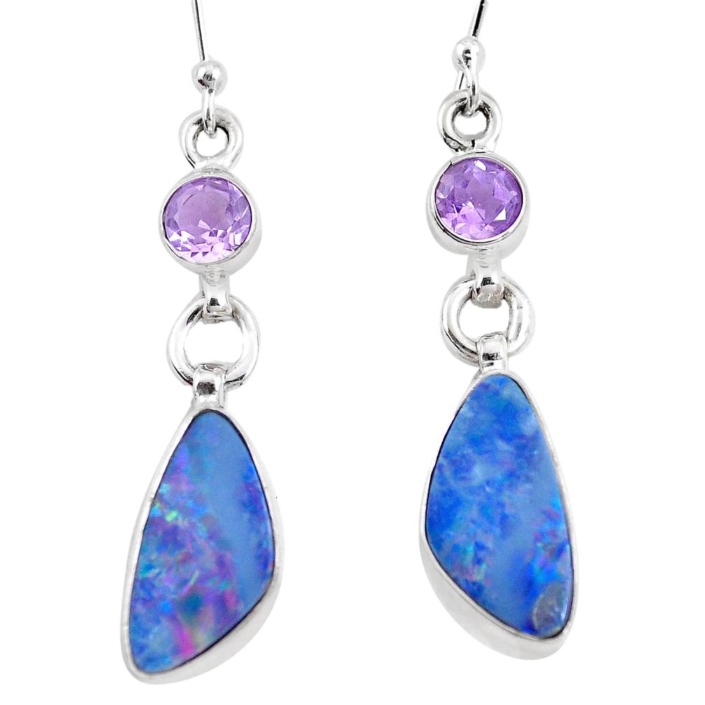 Natural blue doublet opal australian amethyst 925 silver dangle earrings p12730