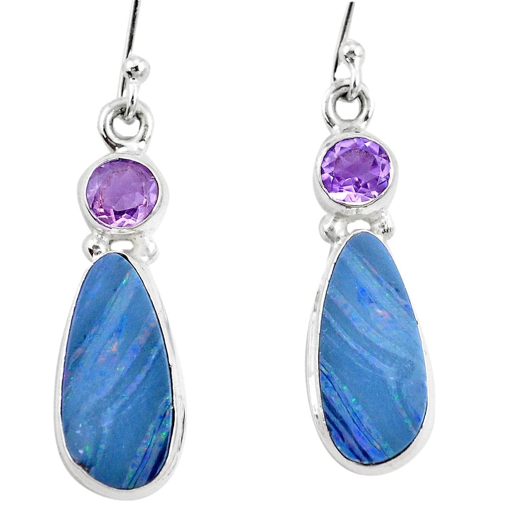 Natural blue doublet opal australian amethyst 925 silver dangle earrings p12738