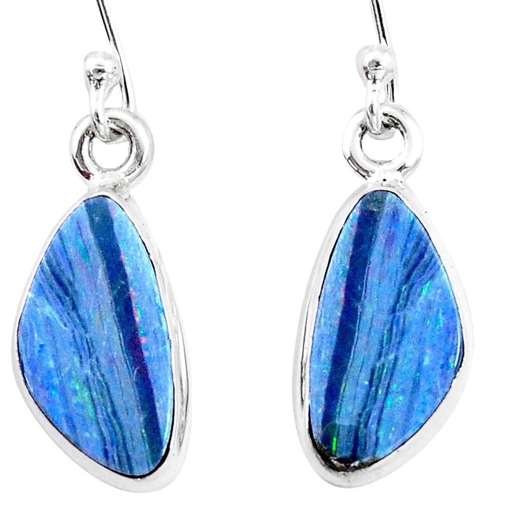 6.45cts natural blue doublet opal australian 925 silver dangle earrings p13503