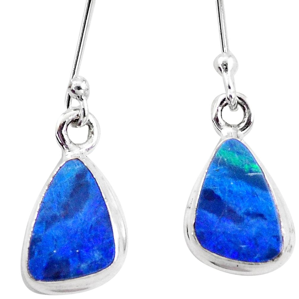 5.87cts natural blue doublet opal australian 925 silver dangle earrings p13516