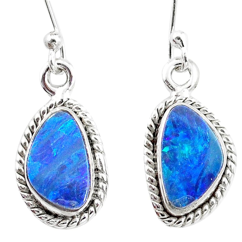 6.22cts natural blue doublet opal australian 925 silver dangle earrings p13521