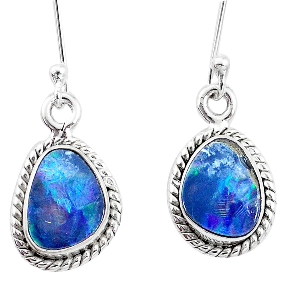 6.43cts natural blue doublet opal australian 925 silver dangle earrings p13528