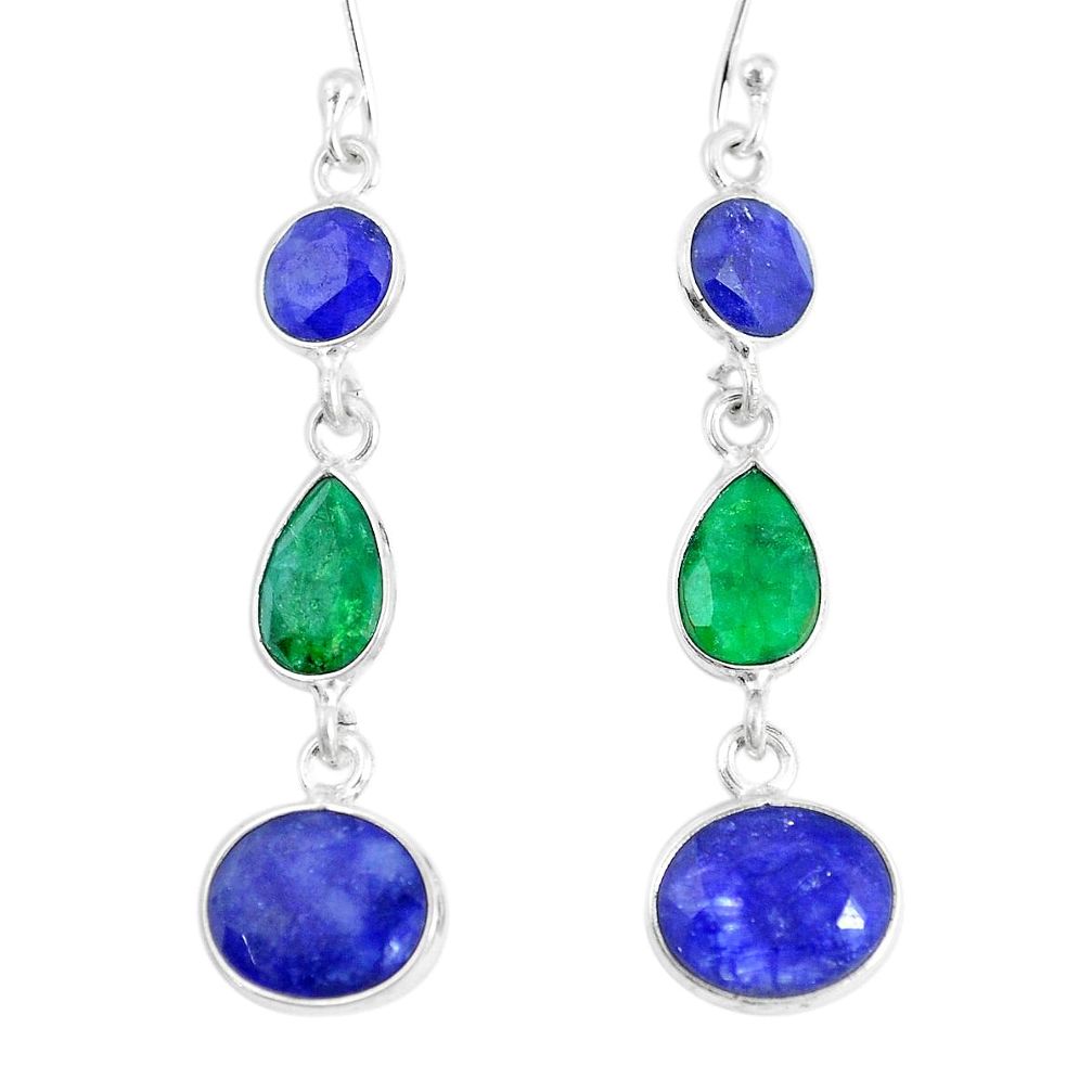 12.54cts natural blue sapphire green emerald 925 silver dangle earrings p14141