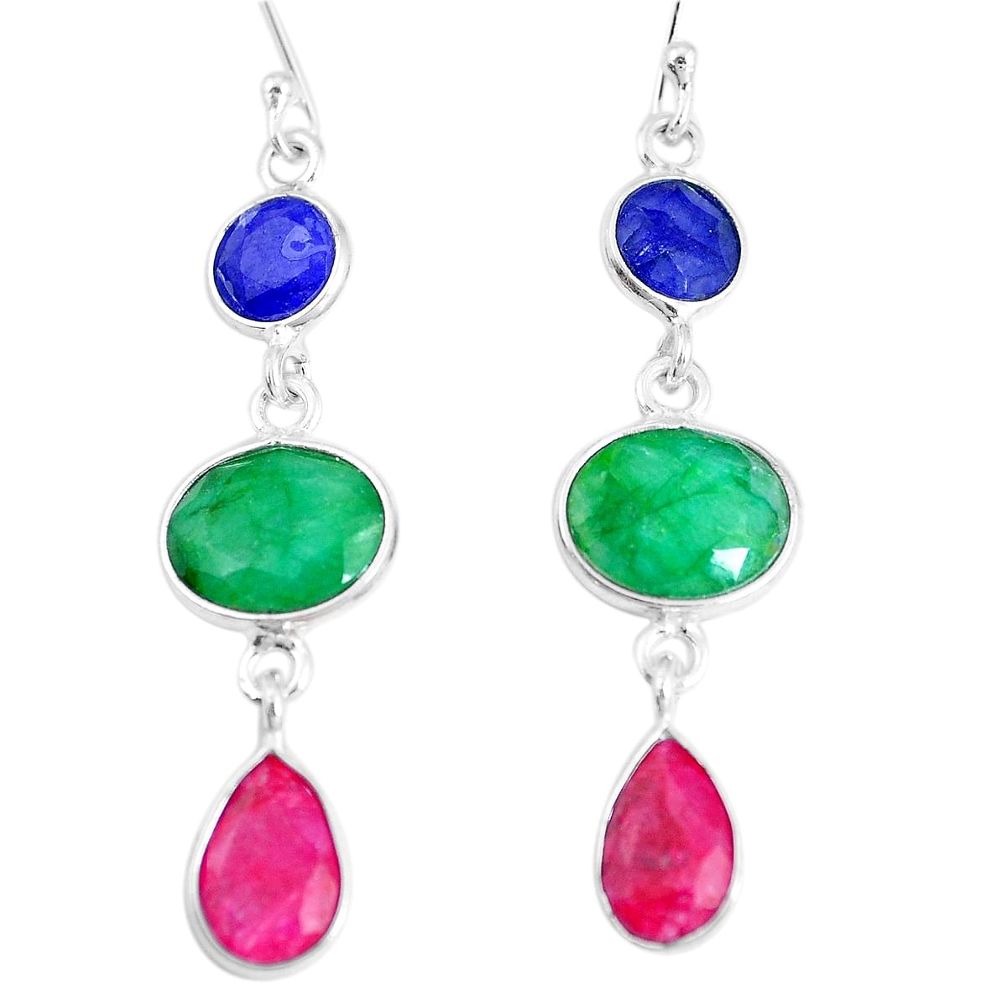 13.13cts natural green emerald sapphire ruby 925 silver dangle earrings p14178