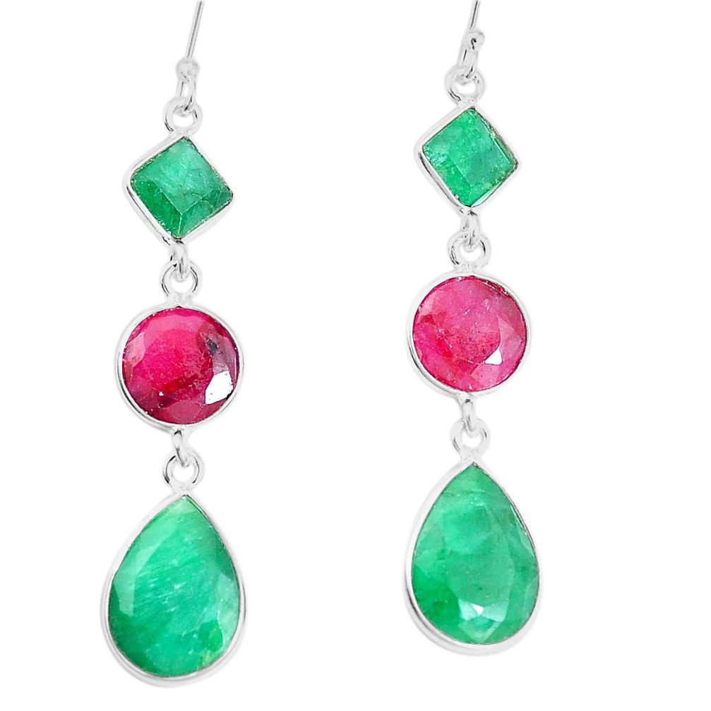 19.24cts natural green emerald ruby 925 sterling silver dangle earrings p14825