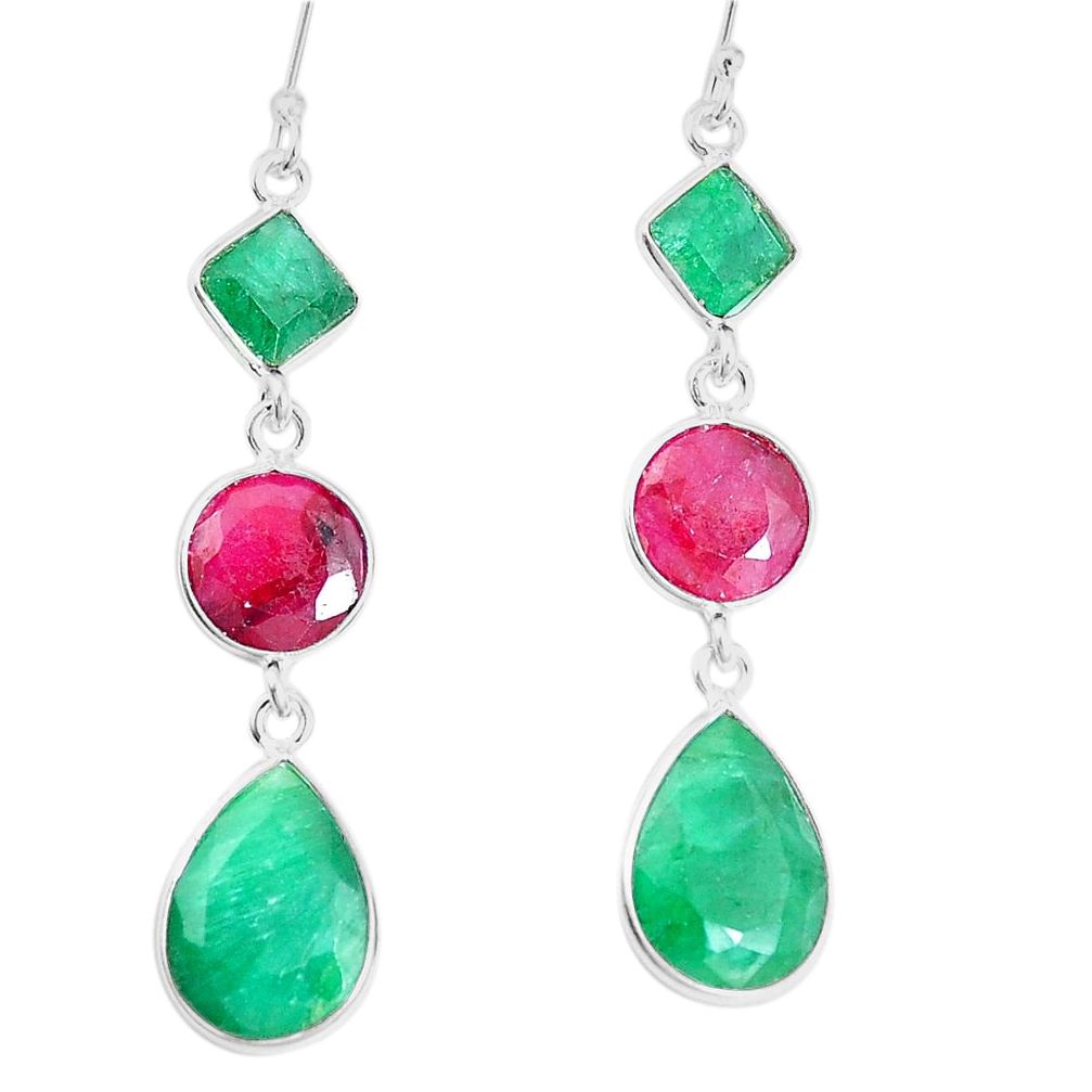 19.63cts natural green emerald ruby 925 sterling silver dangle earrings p14830