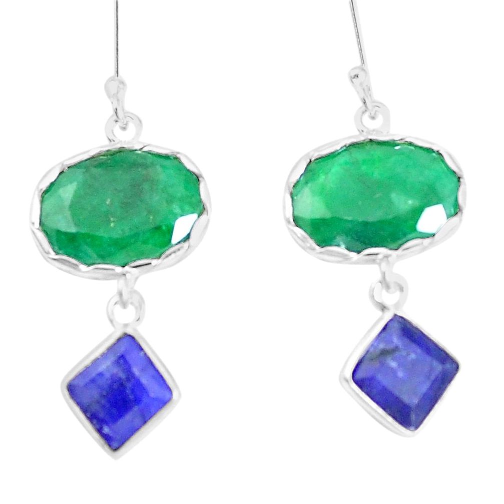 17.53cts natural green emerald blue sapphire 925 silver dangle earrings p14864