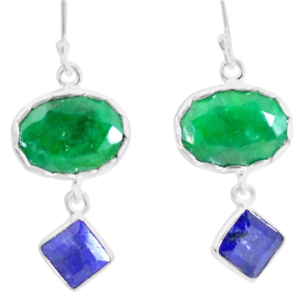 18.59cts natural green emerald blue sapphire 925 silver dangle earrings p14866