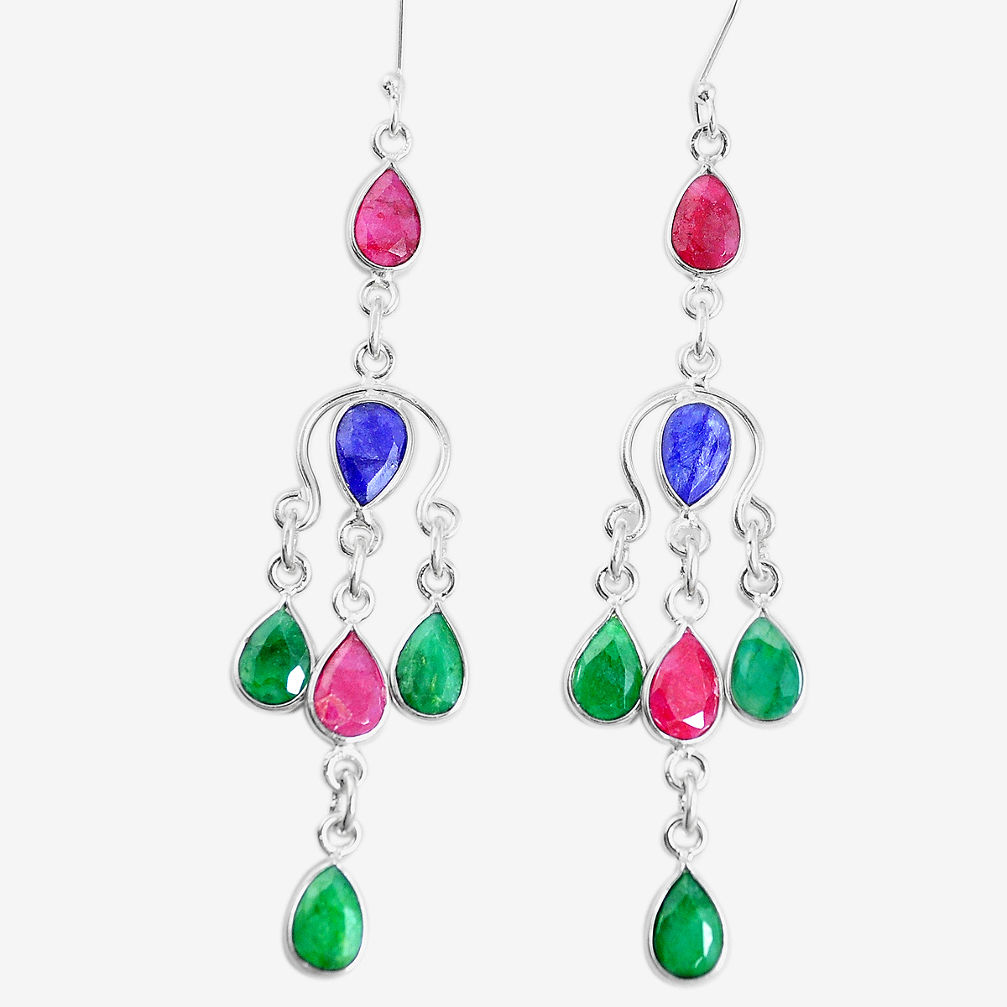 Silver 17.95cts natural red ruby sapphire emerald chandelier earrings p15289