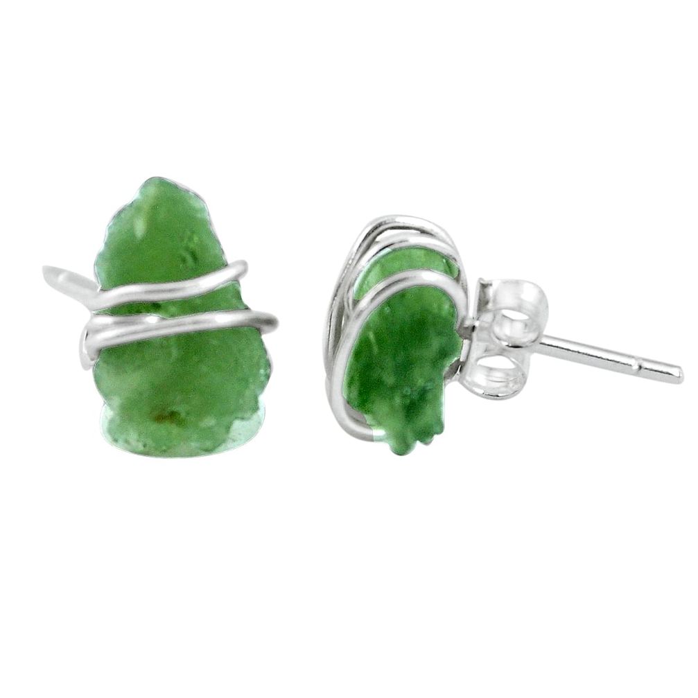 5.66cts natural green moldavite (genuine czech) 925 silver stud earrings p16866