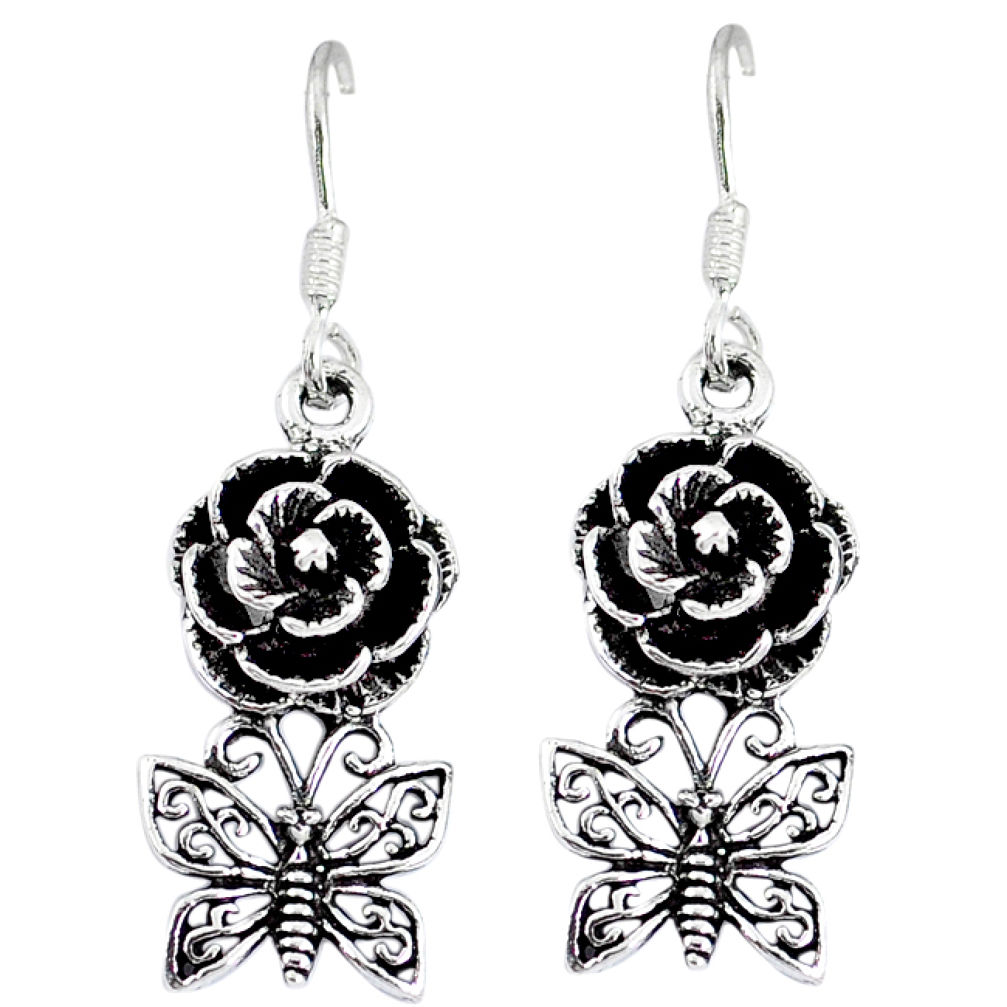 Indonesian bali style solid 925 silver butterfly with flower earrings p1702