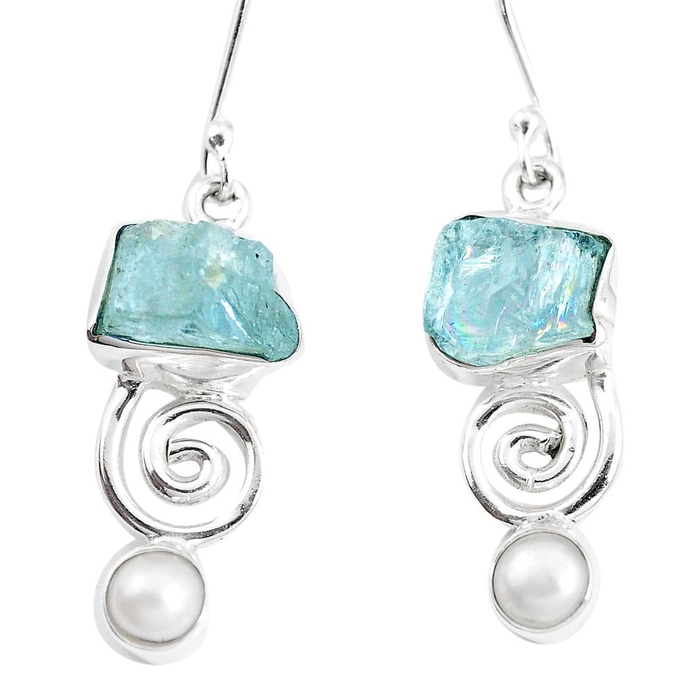12.52cts natural aqua aquamarine rough pearl 925 silver dangle earrings p17098