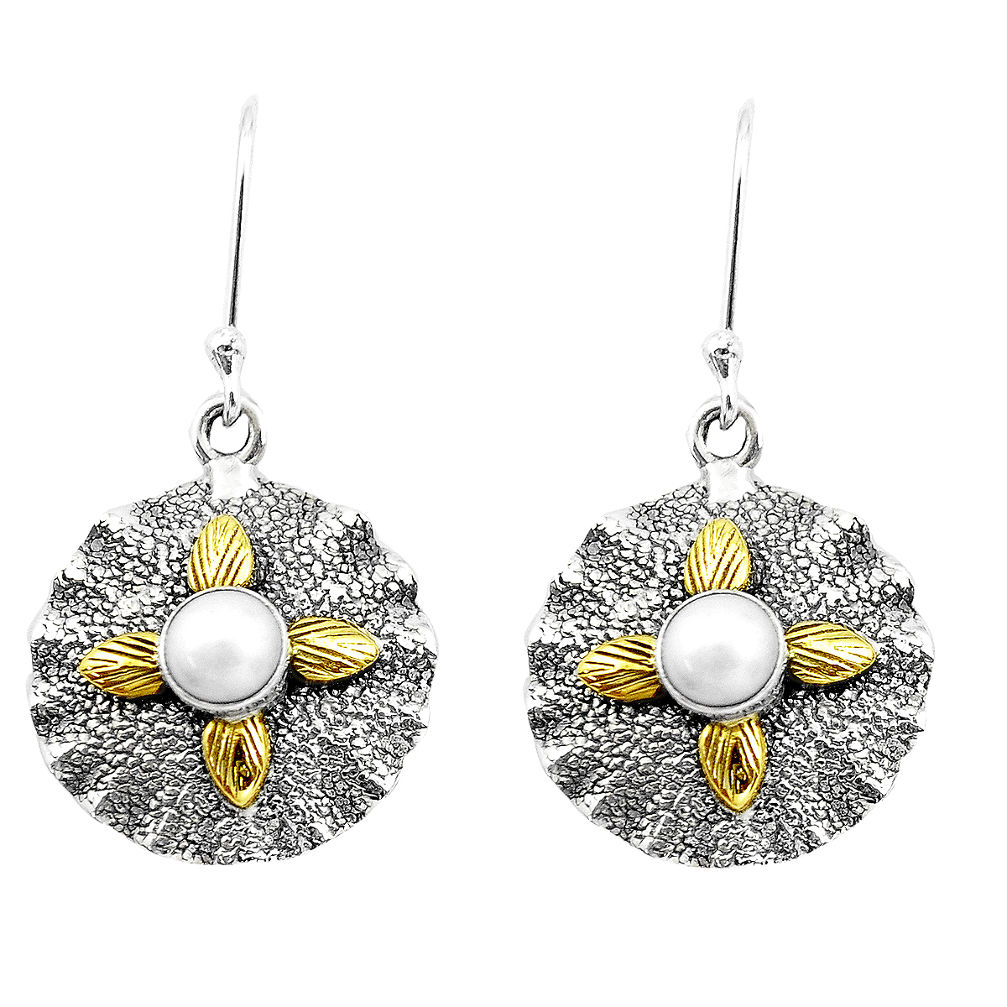 2.01cts natural white pearl 925 sterling silver two tone dangle earrings p20449