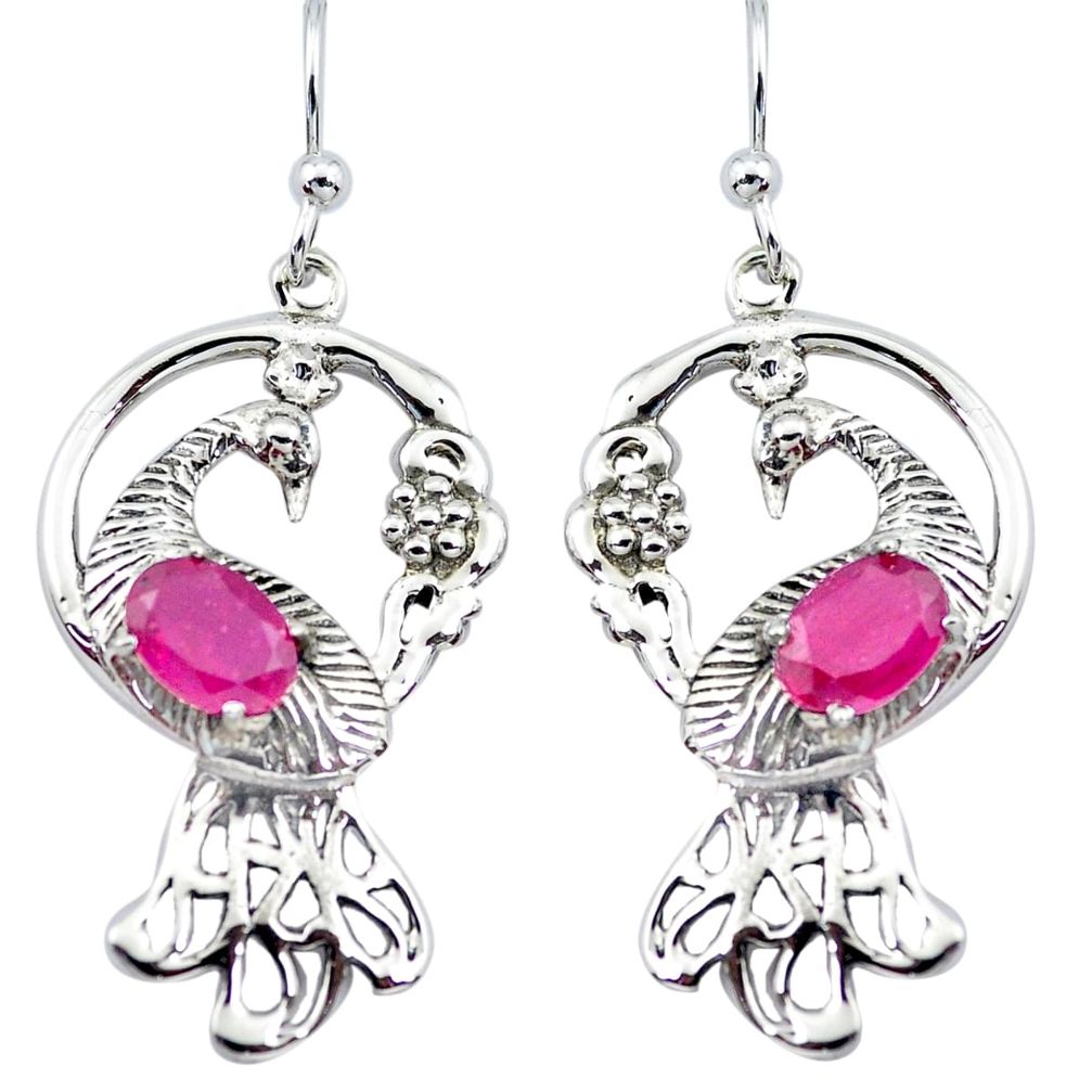 3.29cts natural red ruby 925 sterling silver dangle peacock earrings p20643