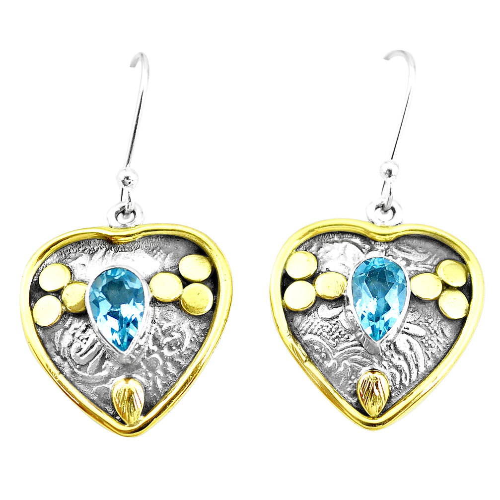 4.35cts natural blue topaz 925 sterling silver two tone heart earrings p21668